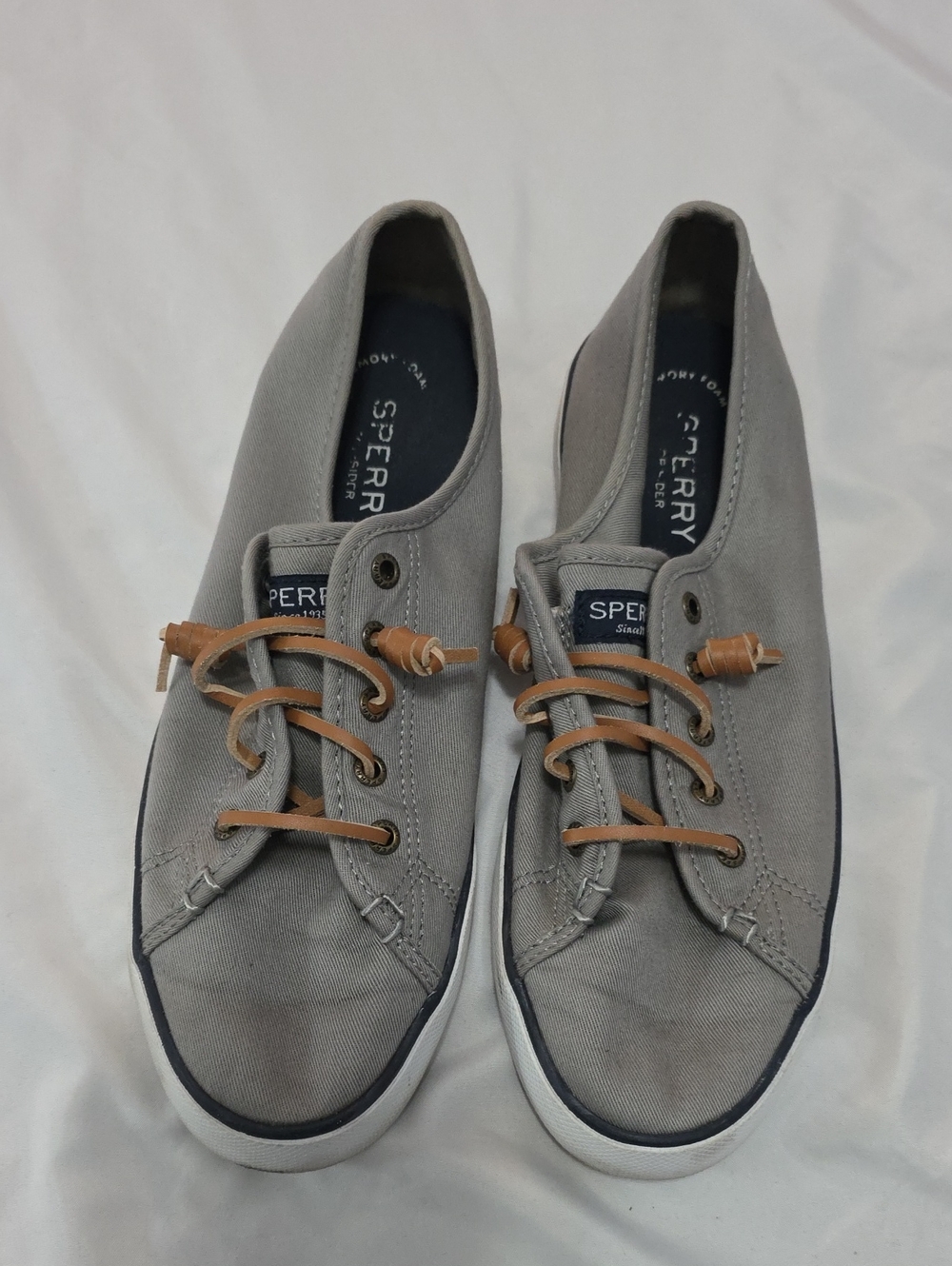 Sperry Women Gray Canvas Boat Shoes with Tan Laces